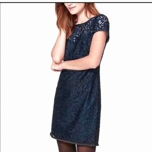 Club Monaco Navy Blue Lace Lined  Sheath Dress Leather Detail Gold Zip Size 6